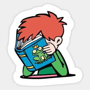 boy with his head in a book reads a fairy tale about a frog prince Sticker